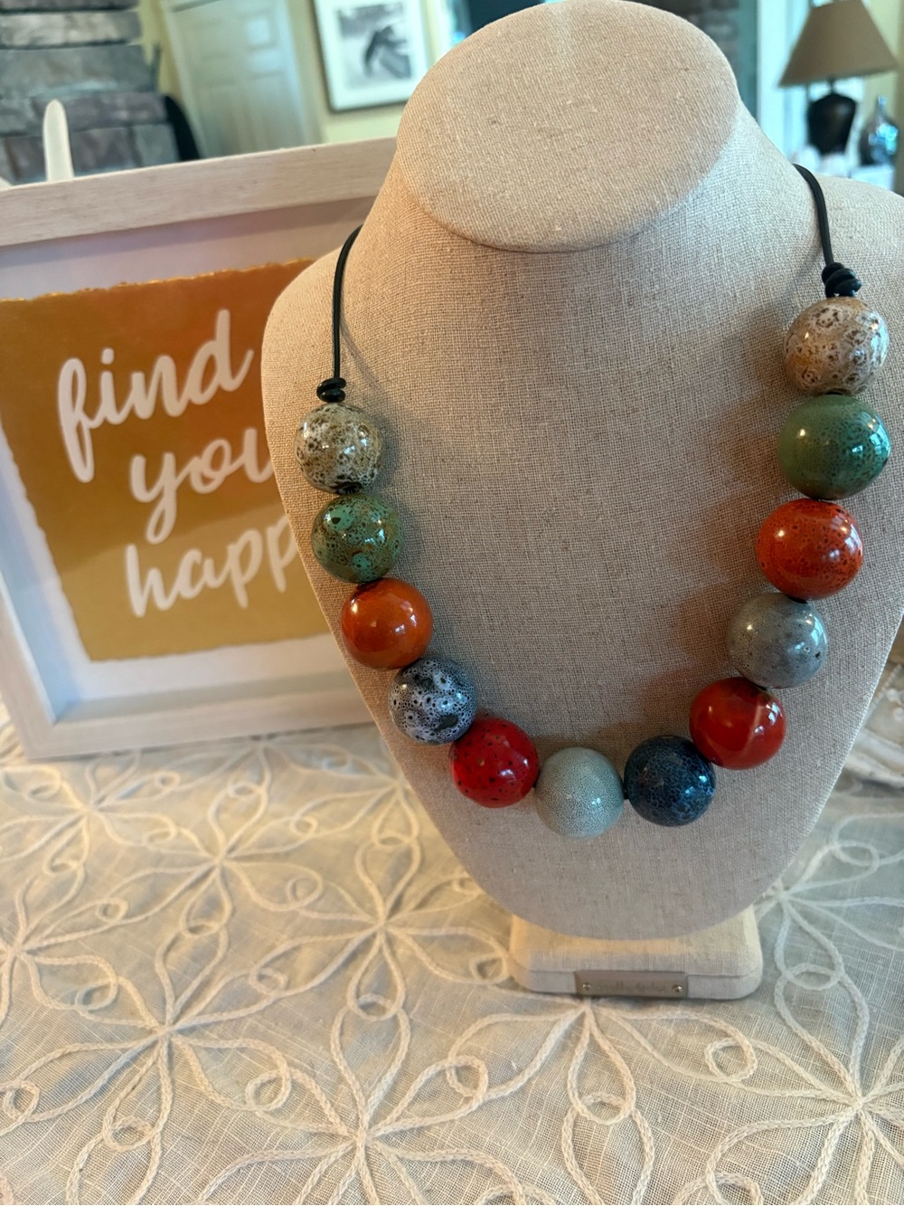 Multicolor Large Ceramic Bead Statement  Leather Cord Necklace